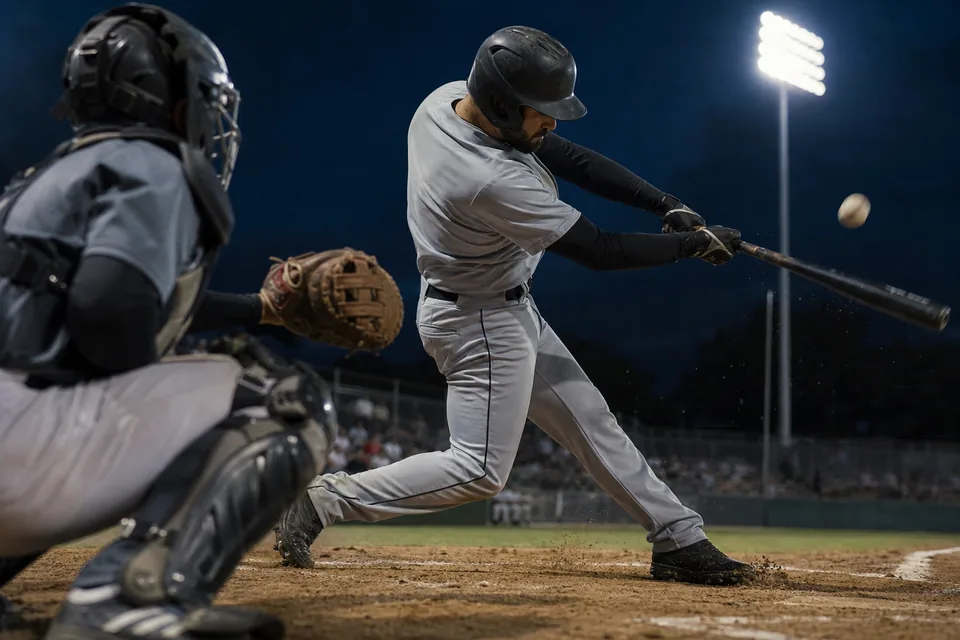 Adult baseball batter mid-swing at home plate