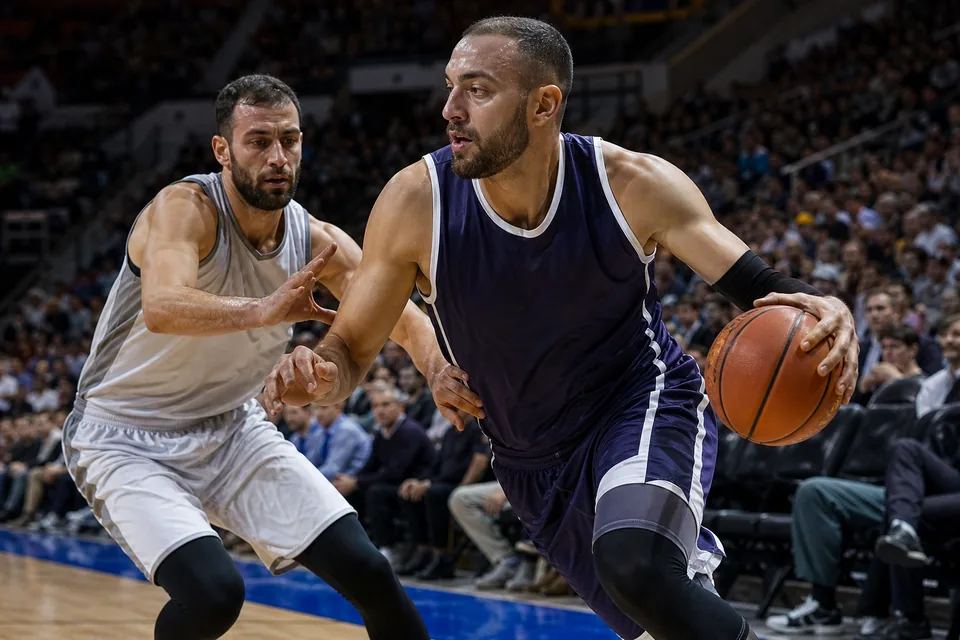 Adult basketball player driving to the basket seen from courtside