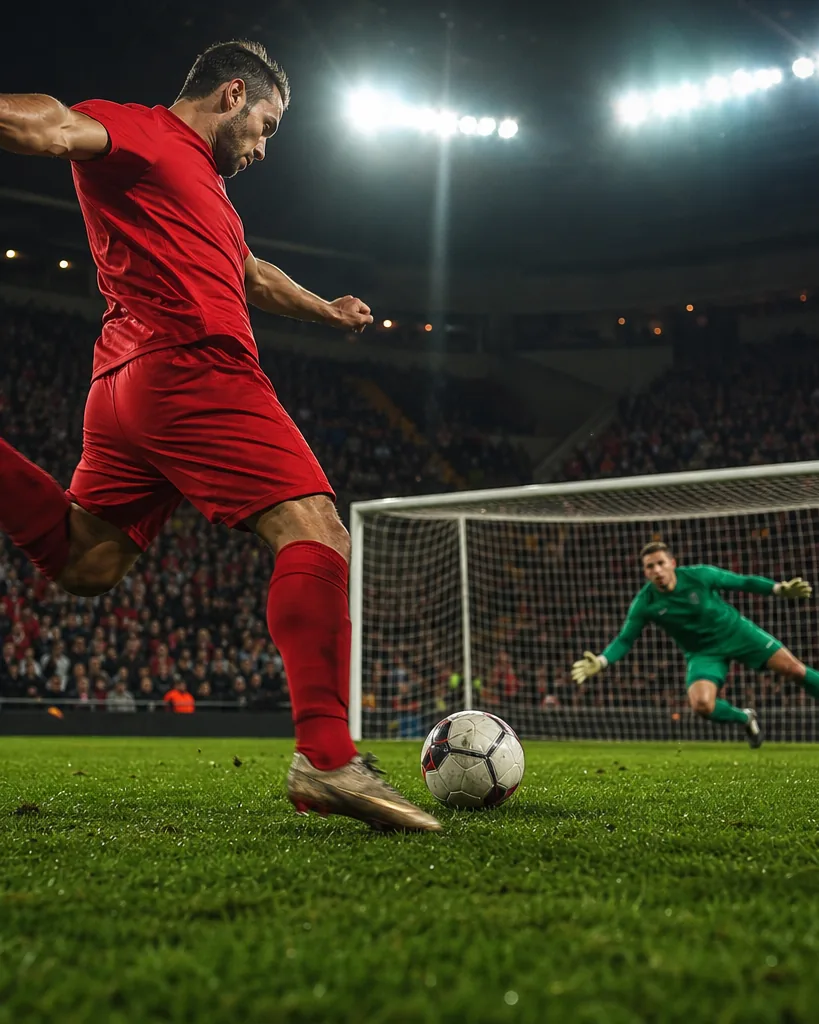 A striker hits the ball toward goal under floodlights as the keeper dives