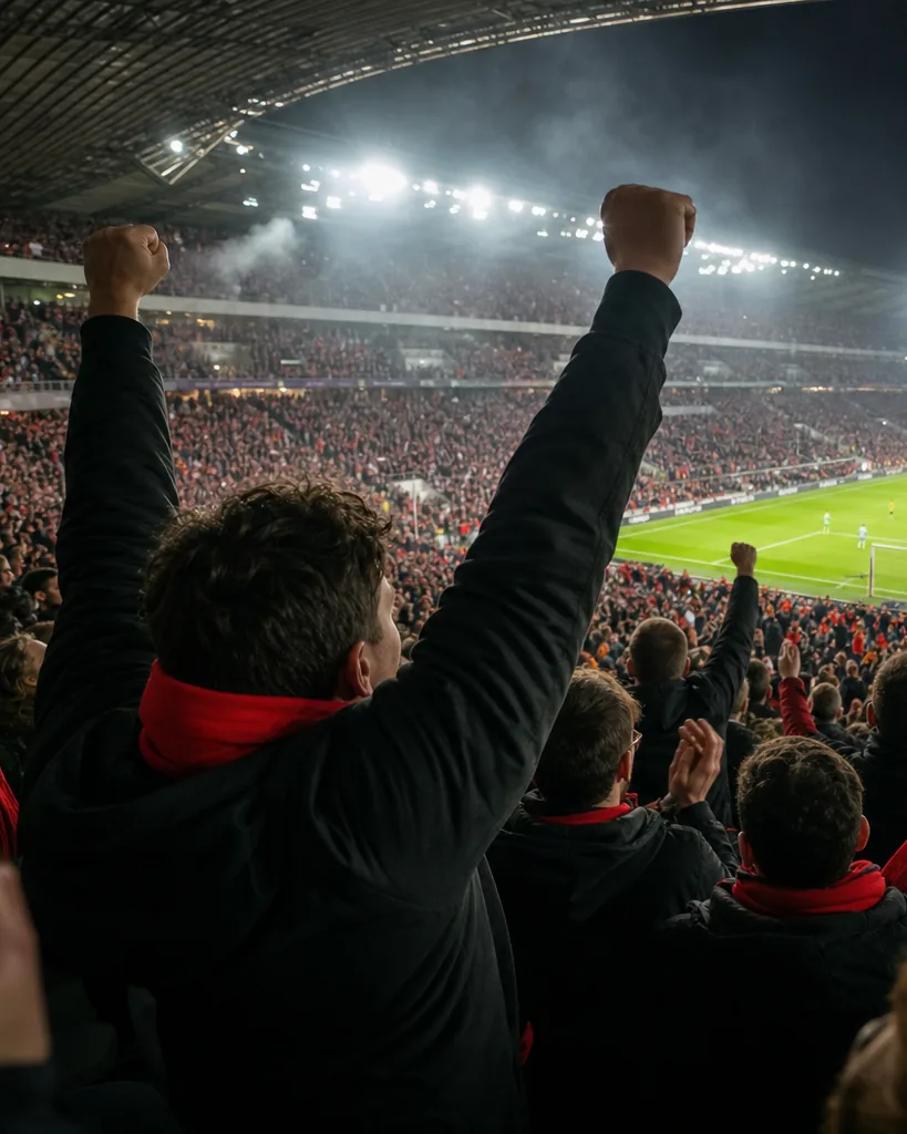 A stadium crowd rising to its feet at night