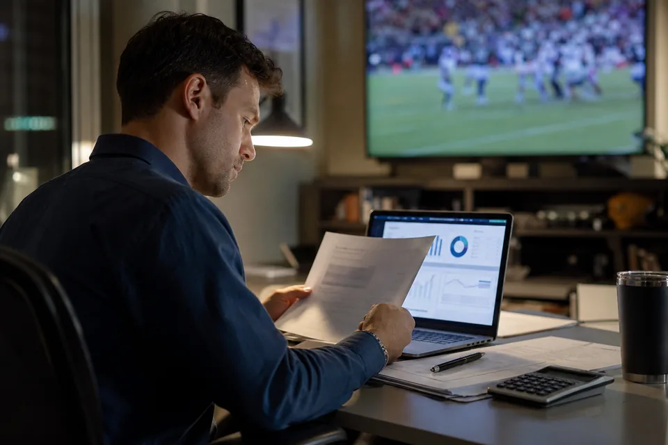 Product manager comparing a sports data vendor quote on a laptop with a game on TV behind