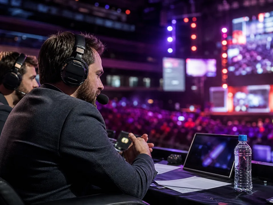 Esports casters at their desk with the arena crowd behind them