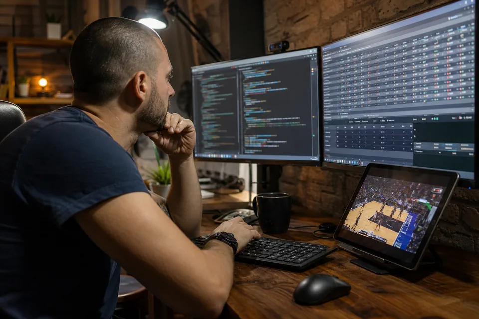 Developer testing a live odds feed on two monitors while a basketball game streams on a tablet