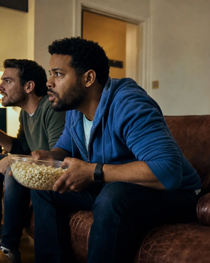 Two friends on a sofa reacting to a close basketball game