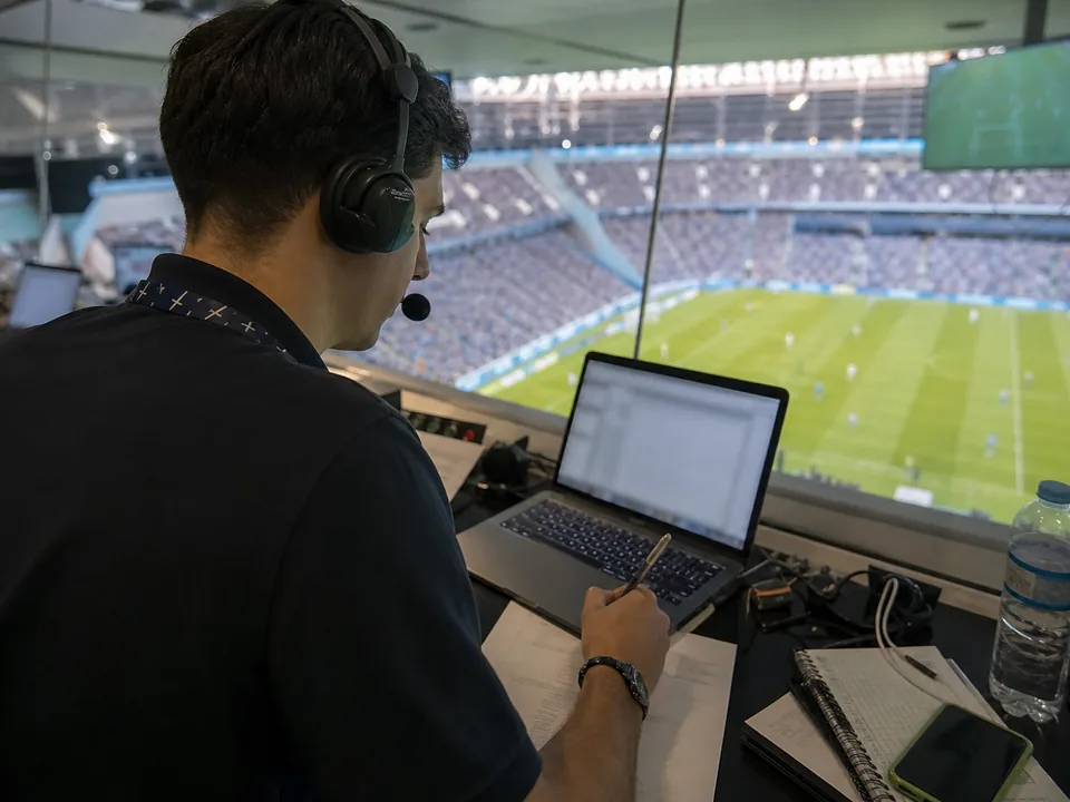 Data scout logging match events in a stadium press box