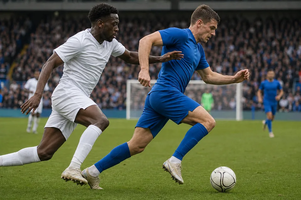 Two adult soccer players sprinting for the ball during a match