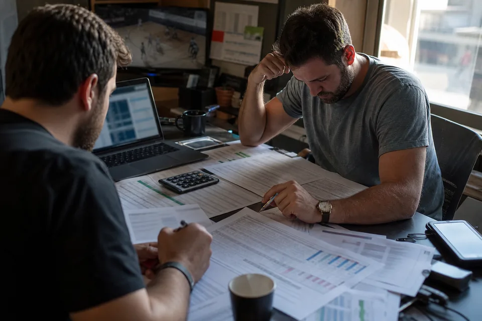 Two operators of a new sportsbook going through a first-year budget with printed cost sheets and a laptop