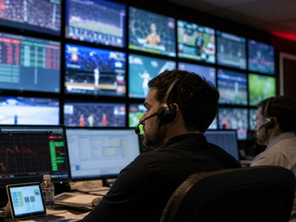 Operations room with a wall of monitors and two traders at night