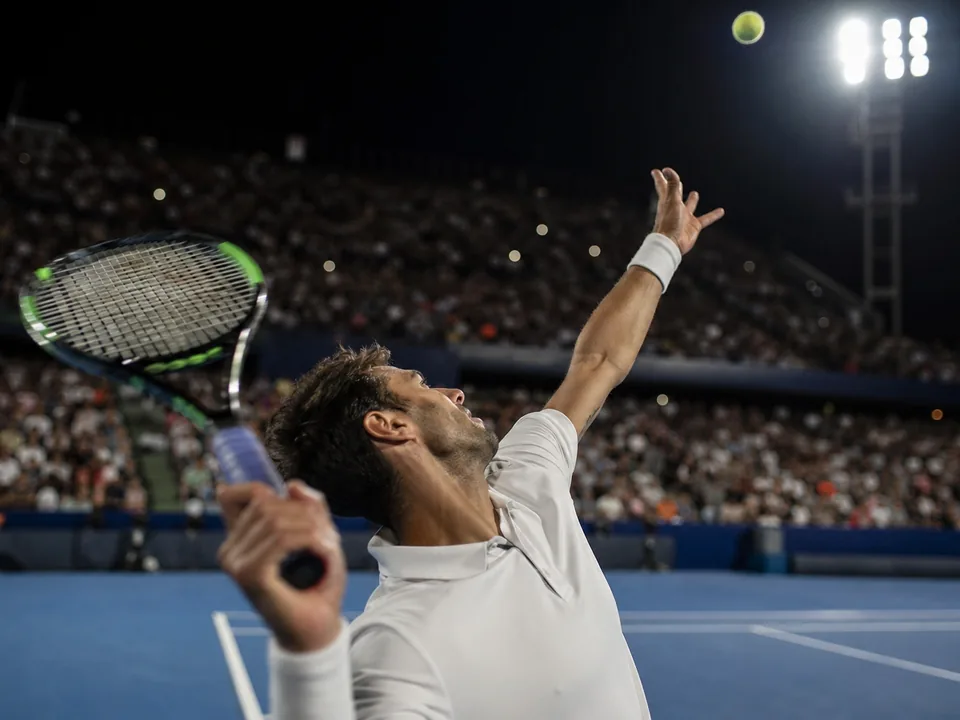 Tennis player serving under floodlights during a night match